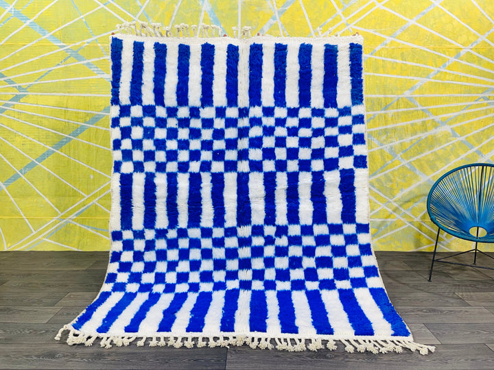 Custom Blue Checkerboard moroccan rug  berber carpet  personalized beni ourain rug  bohemian tued area rug