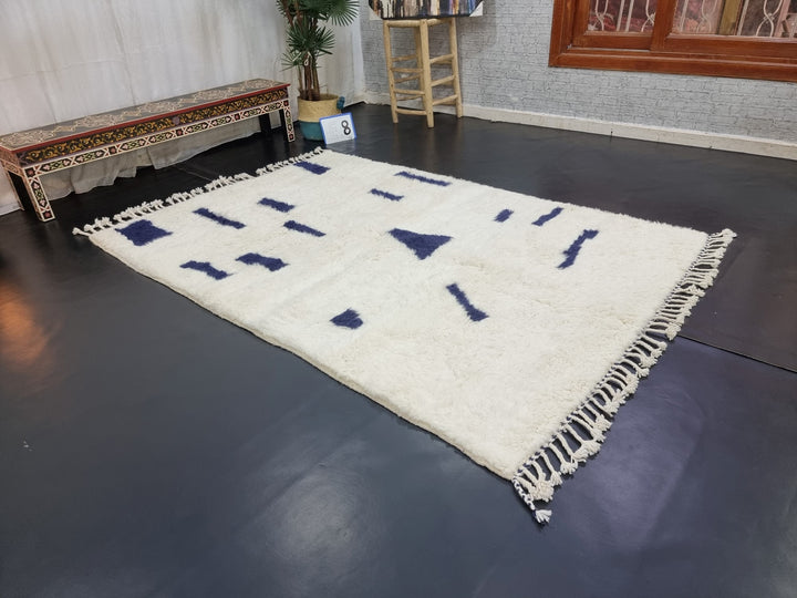 PLUSH BENIOURAIN RUG, Moroccan Rug , White  Navy Blue Rug, Wool Handwoven Rug, Handmade Rug, Area Rug, Berber Rug, Abstract Rug.