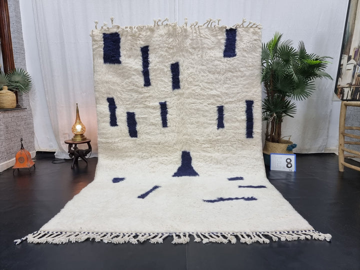 PLUSH BENIOURAIN RUG, Moroccan Rug , White  Navy Blue Rug, Wool Handwoven Rug, Handmade Rug, Area Rug, Berber Rug, Abstract Rug.