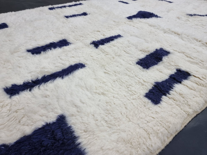 PLUSH BENIOURAIN RUG, Moroccan Rug , White  Navy Blue Rug, Wool Handwoven Rug, Handmade Rug, Area Rug, Berber Rug, Abstract Rug.