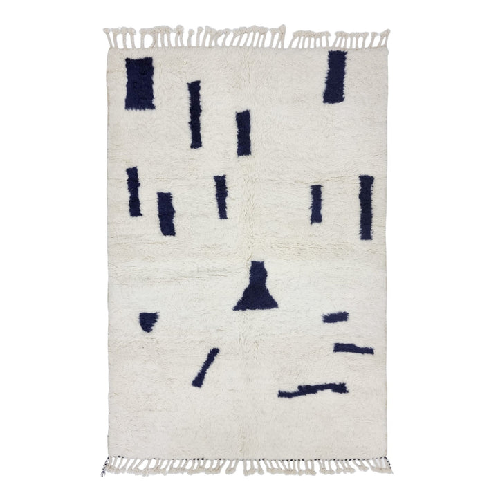 PLUSH BENIOURAIN RUG, Moroccan Rug , White  Navy Blue Rug, Wool Handwoven Rug, Handmade Rug, Area Rug, Berber Rug, Abstract Rug.