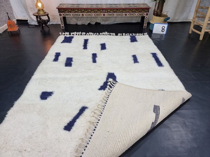 PLUSH BENIOURAIN RUG, Moroccan Rug , White  Navy Blue Rug, Wool Handwoven Rug, Handmade Rug, Area Rug, Berber Rug, Abstract Rug.