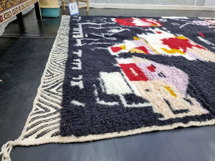 AMAZING BENIOURAIN RUG, Moroccan Rug , Black Rug, Abstract Rug, Handmade Rug, Handwoven Rug, Area Rug, Kilim Edges Rug, Plain Wool Rug