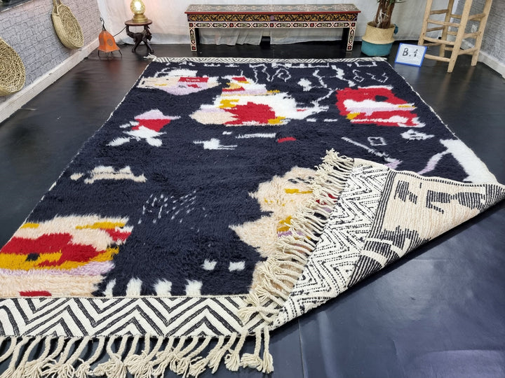 AMAZING BENIOURAIN RUG, Moroccan Rug , Black Rug, Abstract Rug, Handmade Rug, Handwoven Rug, Area Rug, Kilim Edges Rug, Plain Wool Rug