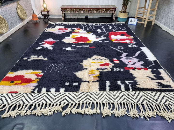 AMAZING BENIOURAIN RUG, Moroccan Rug , Black Rug, Abstract Rug, Handmade Rug, Handwoven Rug, Area Rug, Kilim Edges Rug, Plain Wool Rug