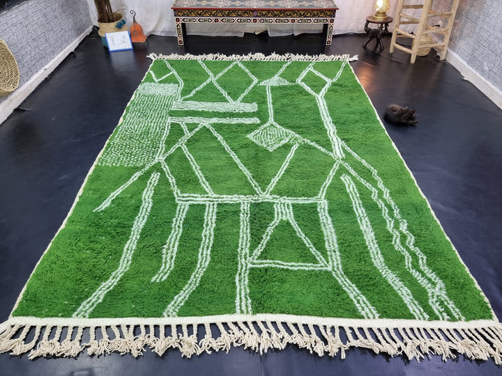 ARTISTIC BENIOURAIN RUG, Moroccan Rug , Grass Green  White Rug, Tribal Rug, Berber Rug, Abstract Rug, Handwoven Rug, Plain Rug, Area Rug