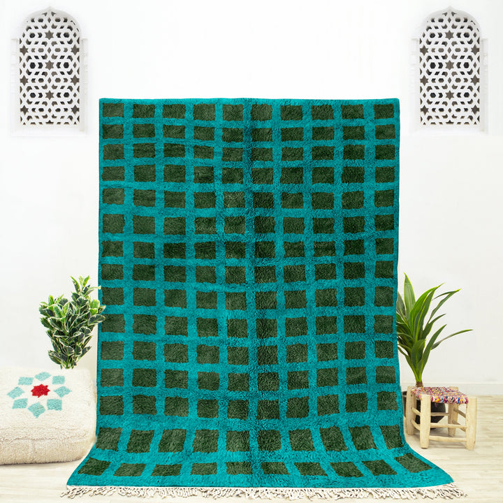 Green Checkered Rug, Moroccan Shag Rug, Beni Ourain Rug, Checkerboard Rug, Area Rug 