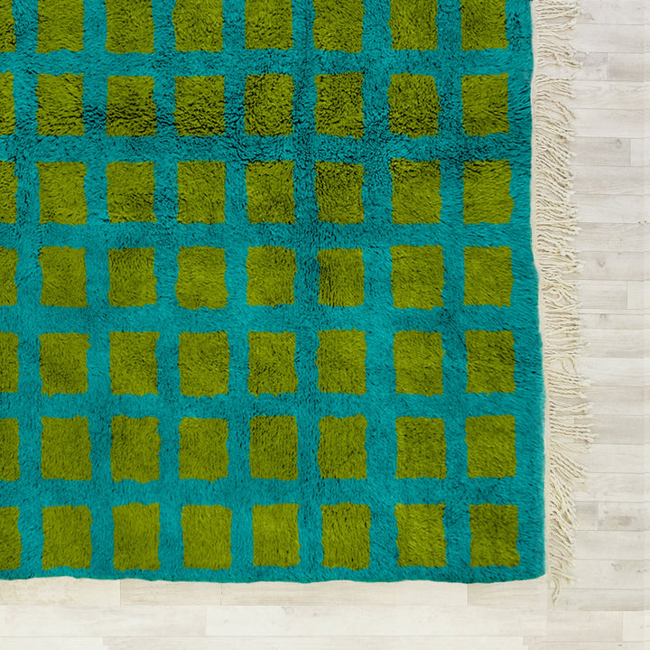 Green woven shag Moroccan Beni Ourain checkered rug