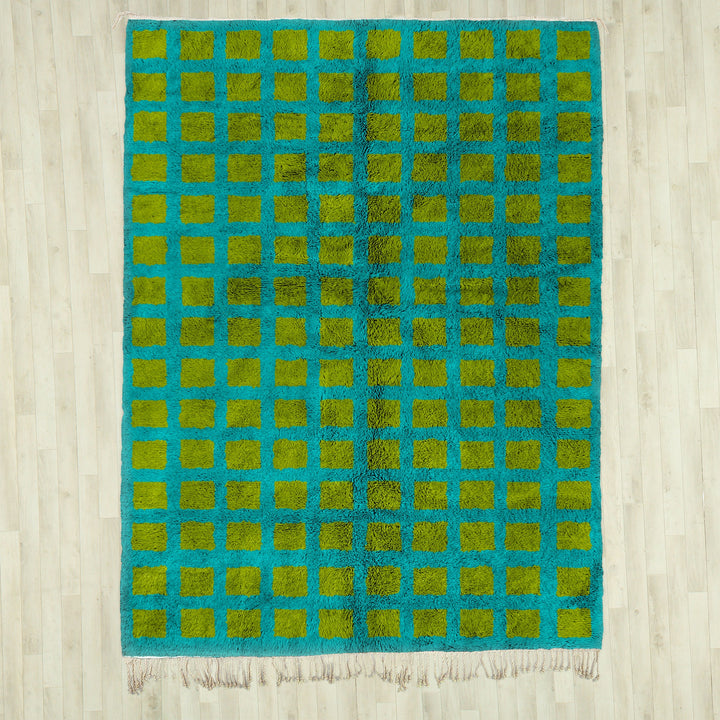 Green woven shag Moroccan Beni Ourain checkered rug