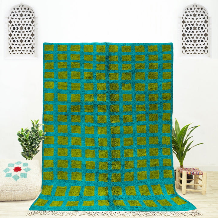 Green woven shag Moroccan Beni Ourain checkered rug