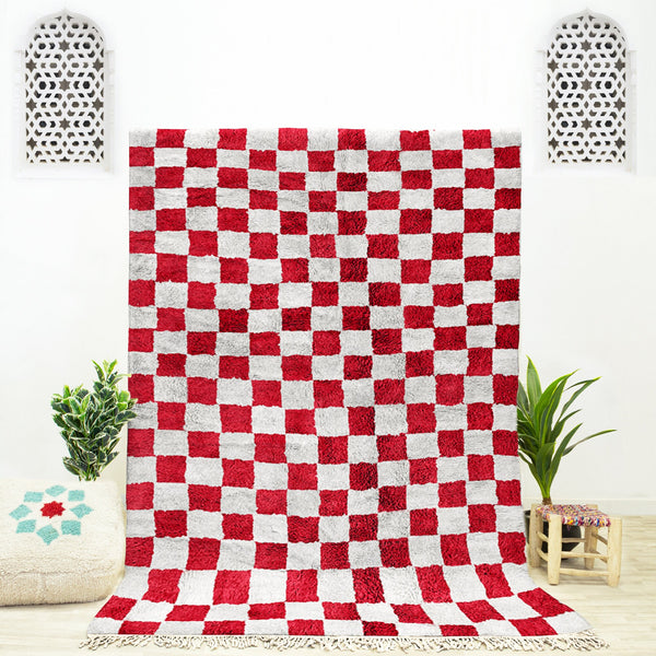 Custom Red Moroccan Rug, Beni Ourain Rug, Checkered Area Rug, Checkerboard Rug, Handmade Rug