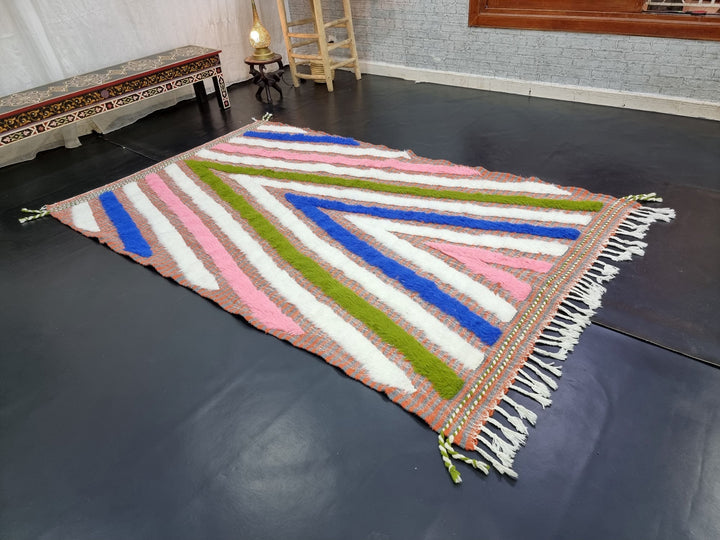 PRETTY BENIOURAIN RUG, Handmade Rug , Blue And Pink Rug, Berber Rug, Striped Rug, Tribal Rug, Area Rug, Handwoven rug, Funky Wool Rug