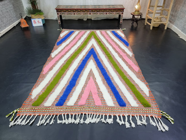 PRETTY BENIOURAIN RUG, Handmade Rug , Blue And Pink Rug, Berber Rug, Striped Rug, Tribal Rug, Area Rug, Handwoven rug, Funky Wool Rug