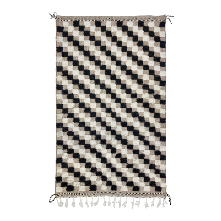 UNIQUE BENIOURAIN RUG, Handmade Rug , Moroccan Rug, Black, White  Pale Brown Rug, Checkered Rug, Handwoven Rug, Area Rug, Berber Carpet