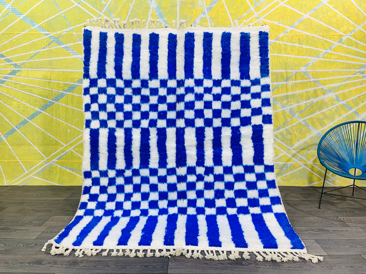 Blue BENIOURAIN RUG, Moroccan Handmade Carpet, Blue  White Rug, Berber Wool Rug, Checkered Rug, Checkerboard Rug, Bohemian Rug 