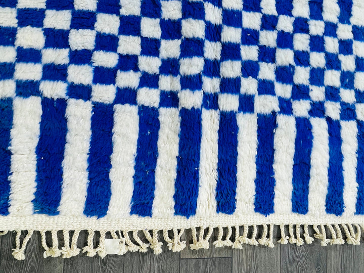 Blue BENIOURAIN RUG, Moroccan Handmade Carpet, Blue  White Rug, Berber Wool Rug, Checkered Rug, Checkerboard Rug, Bohemian Rug 