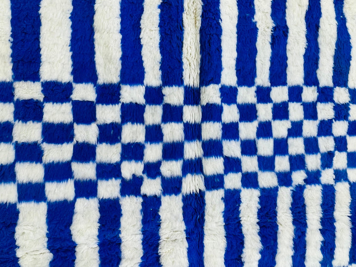 Blue BENIOURAIN RUG, Moroccan Handmade Carpet, Blue  White Rug, Berber Wool Rug, Checkered Rug, Checkerboard Rug, Bohemian Rug 