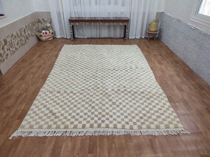 Large light beige and white checkered rug, Moroccan Berber checkered rug Checkered area rug Checkerboard Rug beniourain rug Soft Colored Rug