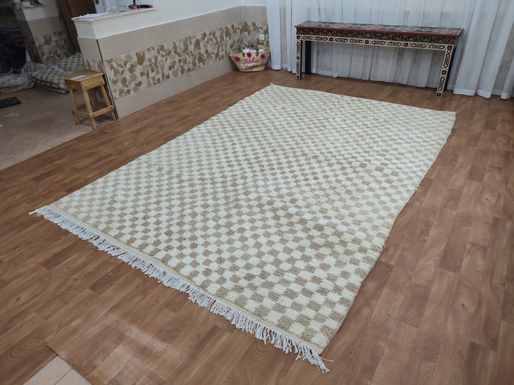 Large light beige and white checkered rug, Moroccan Berber checkered rug Checkered area rug Checkerboard Rug beniourain rug Soft Colored Rug