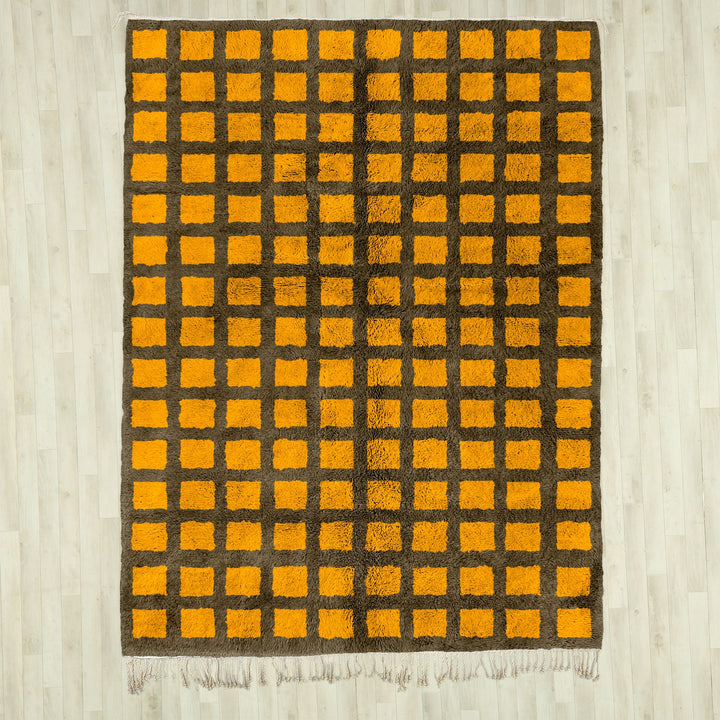 A custom Yellow sheepskin Moroccan Beni Ourain checkered rug