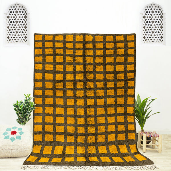 A custom Yellow sheepskin Moroccan Beni Ourain checkered rug