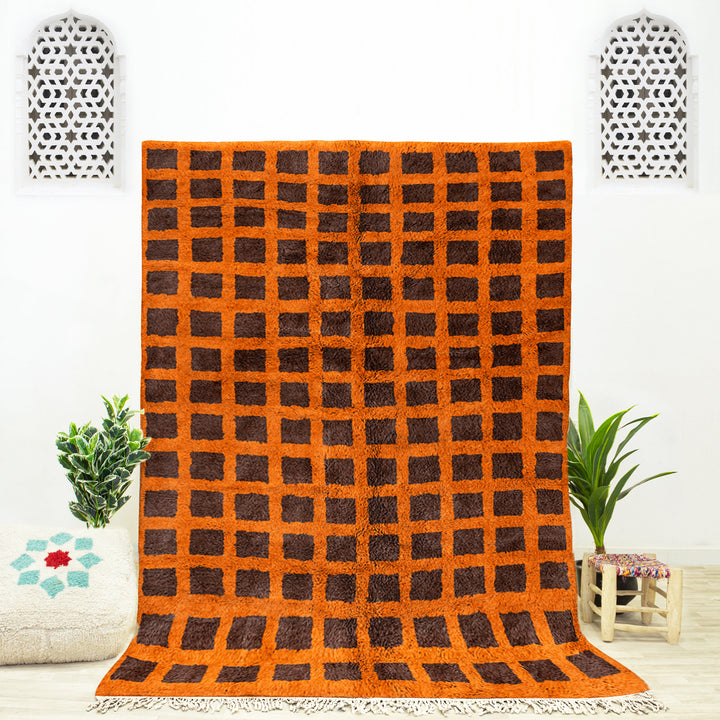 Brown and Orange checkered rug Beni Ourain rug for living room