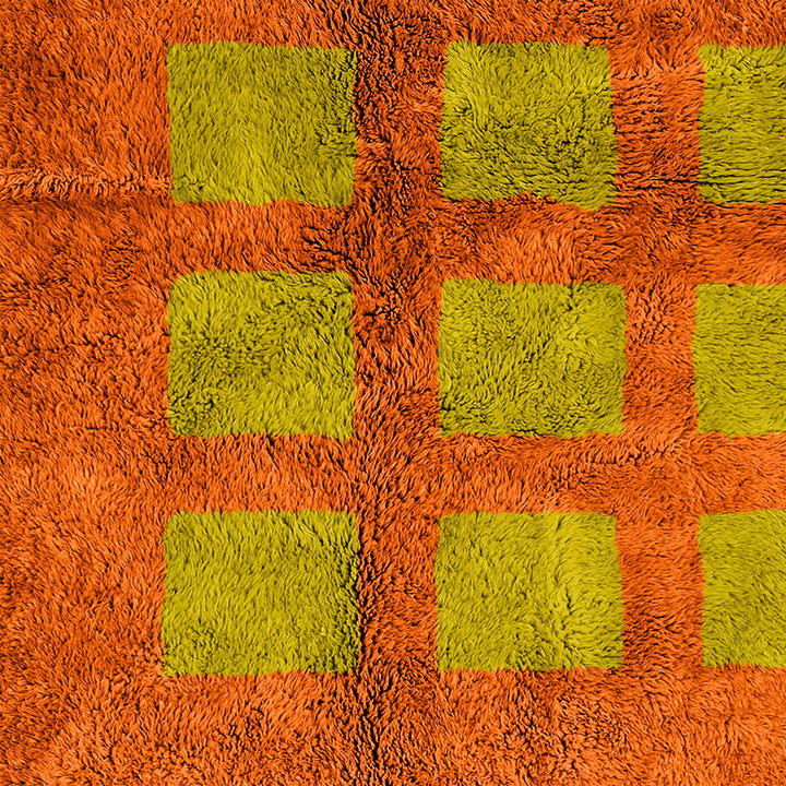 A sheepskin Moroccan Beni Ourain Yellow and Orange checkered rug