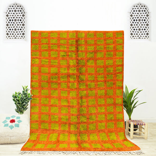 A sheepskin Moroccan Beni Ourain Yellow and Orange checkered rug