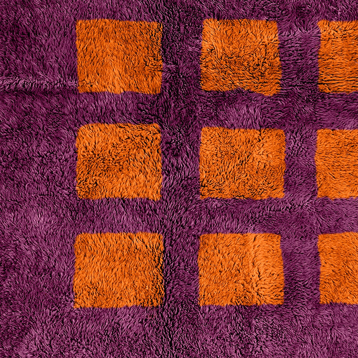 A custom Orange Bohemian Moroccan Beni Ourain checkered rug