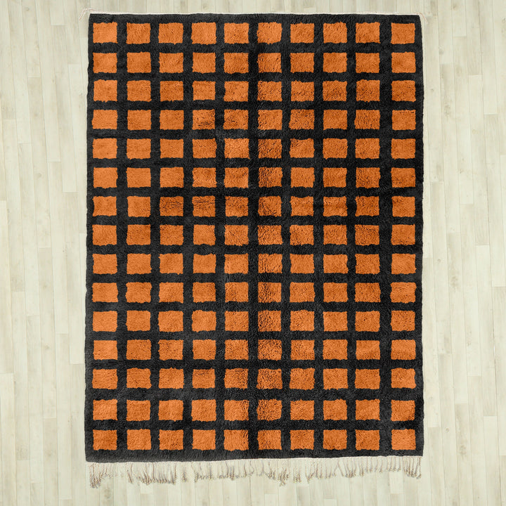 Brown woven shag Moroccan Beni Ourain checkered rug