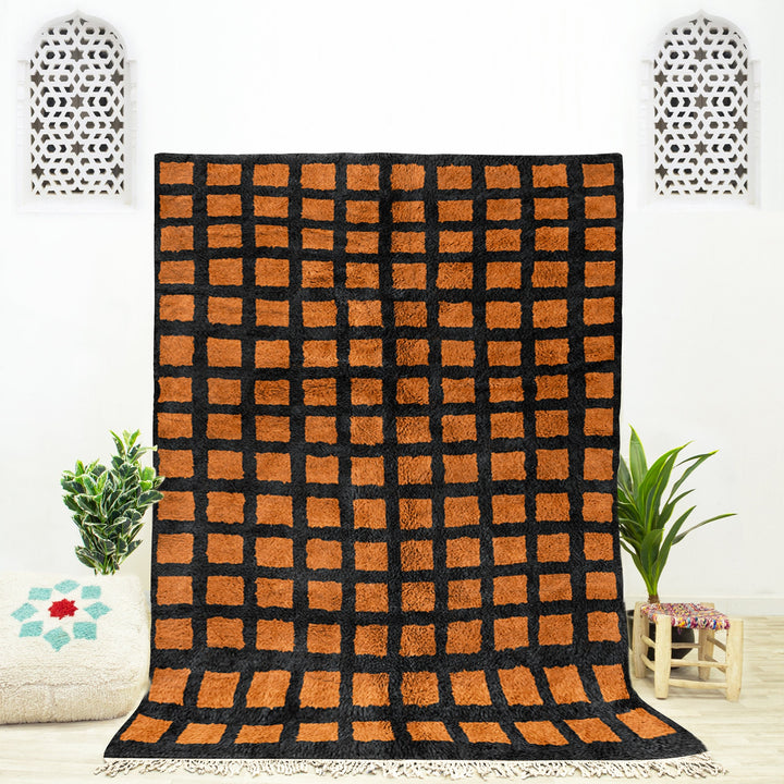 Brown woven shag Moroccan Beni Ourain checkered rug