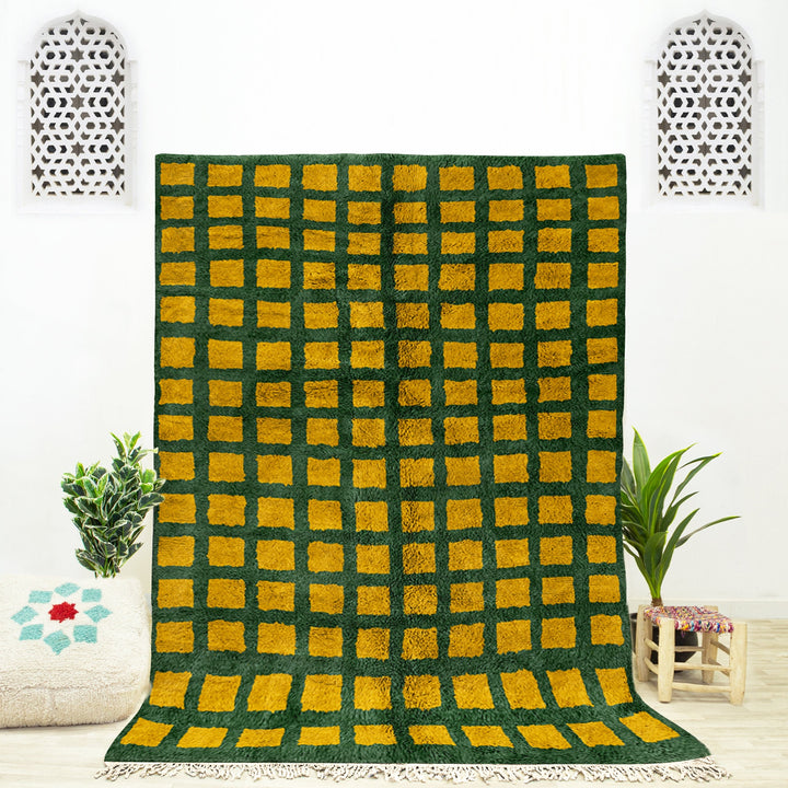 Custom Moroccan Yellow and Green Beni Ourain checkered rug