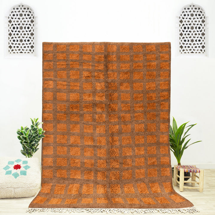 A custom Brown Bohemian Moroccan Beni Ourain checkered rug