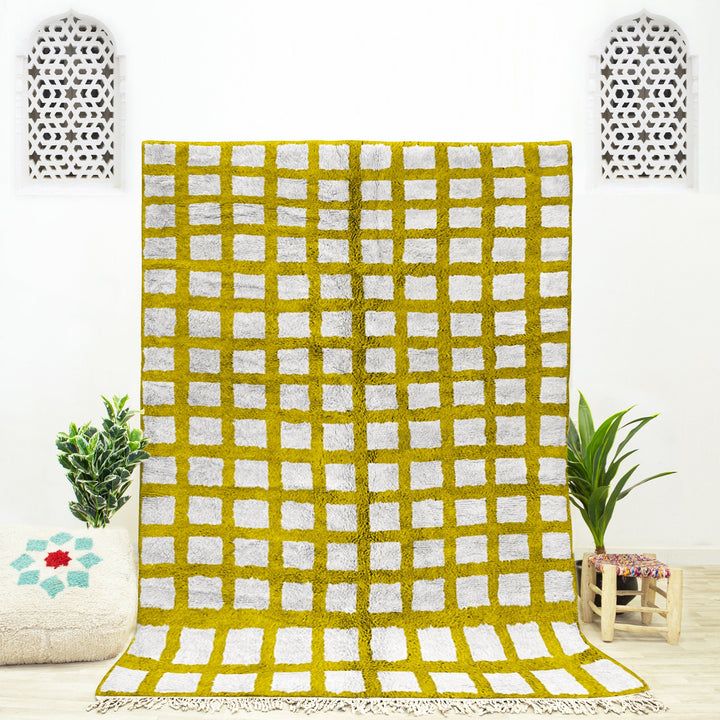 Custom checkered rug, Moroccan Berber sheepskin rug, Yellow and White checkerboard area rug