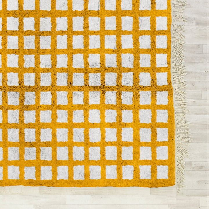 Beni ourain checkered rug  Yellow and White checkered area rug for bedroom