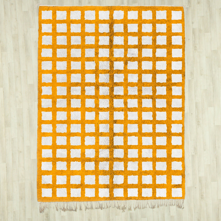 Beni ourain checkered rug  Yellow and White checkered area rug for bedroom