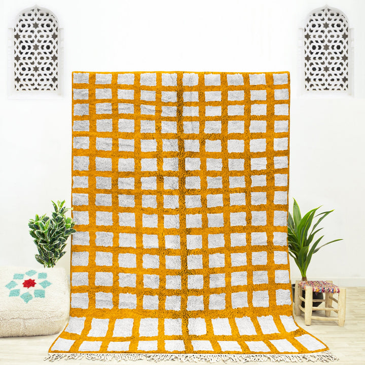 Beni ourain checkered rug  Yellow and White checkered area rug for bedroom