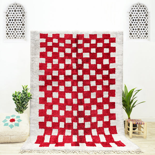 Custom sheepskin Moroccan Beni Ourain Red and White checkered rug