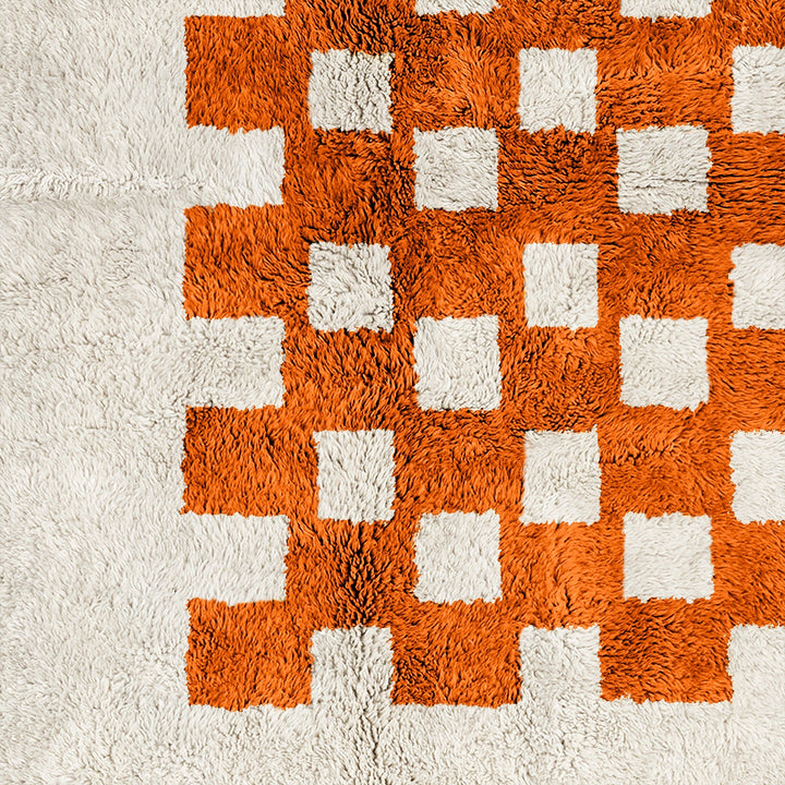 Custom Moroccan Orange and White Beni Ourain checkered rug
