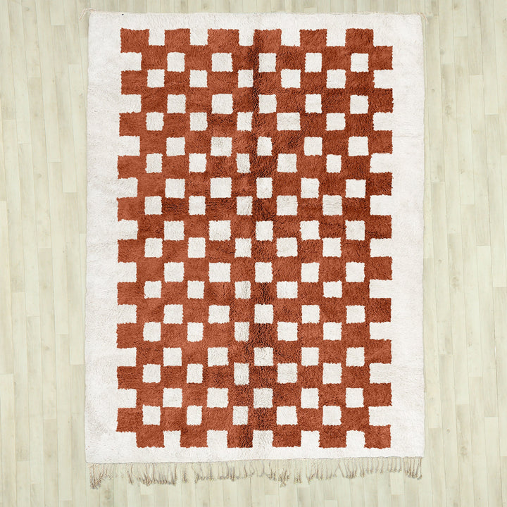 Brown Checkered Rug, Moroccan Shag Rug, Handmade Wool Rug, Checkerboard Rug, Beni Ourain Rug, Area Rug