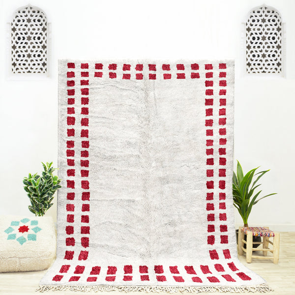 A custom Red sheepskin Moroccan Beni Ourain checkered rug