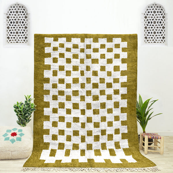 A Yellow boho Moroccan Beni Ourain checkered rug