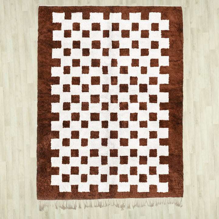 Brown woven shag Moroccan Beni Ourain checkered rug