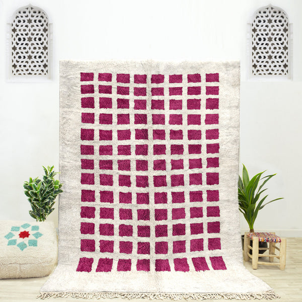 Custom sheepskin Moroccan Beni Ourain Red and White checkered rug