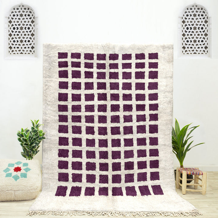 Hand Knotted Moroccan Shag Rug, Bohemian Custom Rug, Beni Ourain Checkered Area Rug