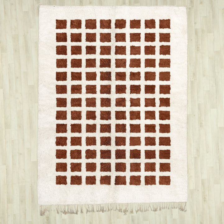 A Brown handwoven Moroccan Berber checkered rug