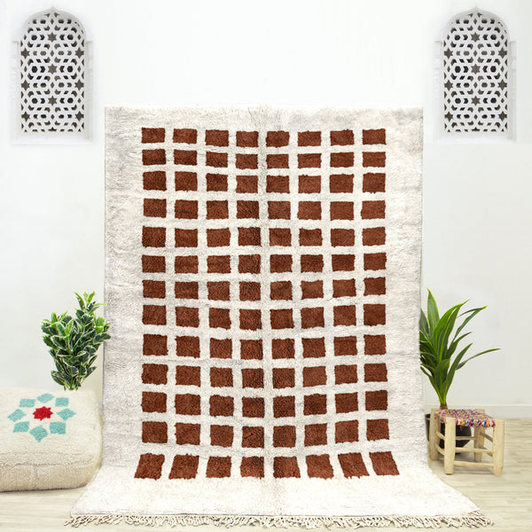 A Brown handwoven Moroccan Berber checkered rug