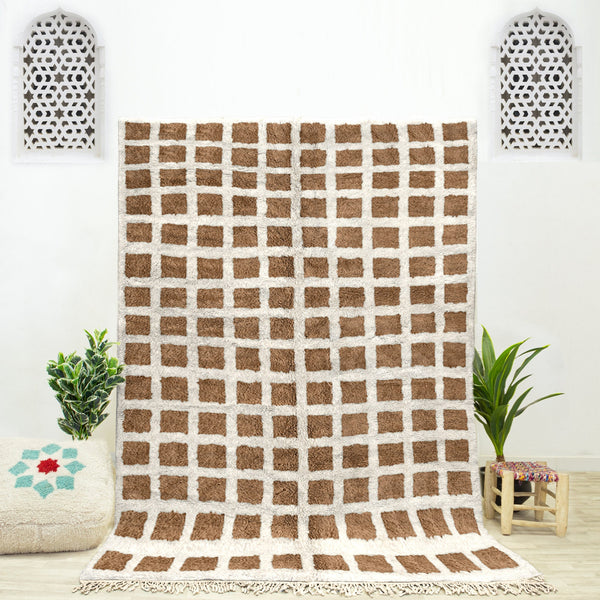 Hand Knotted Brown Moroccan Rug, Bohemian Checkered Area Rug for Bedroom