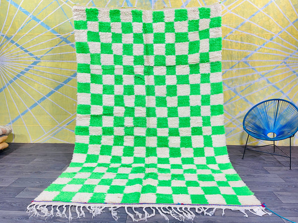 Handmade Green Checkered rug, Beni ourain area rug, Berber Checkerboard rug, Bohemian nursery rug