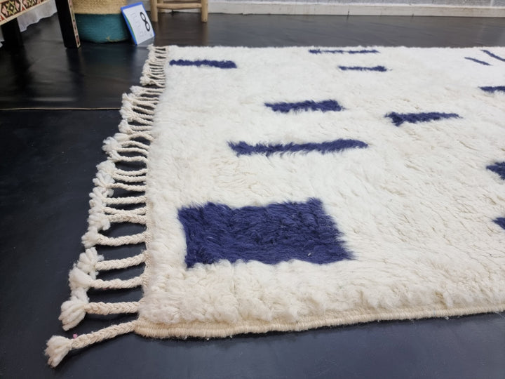 PLUSH BENIOURAIN RUG, Moroccan Rug , White  Navy Blue Rug, Wool Handwoven Rug, Handmade Rug, Area Rug, Berber Rug, Abstract Rug.